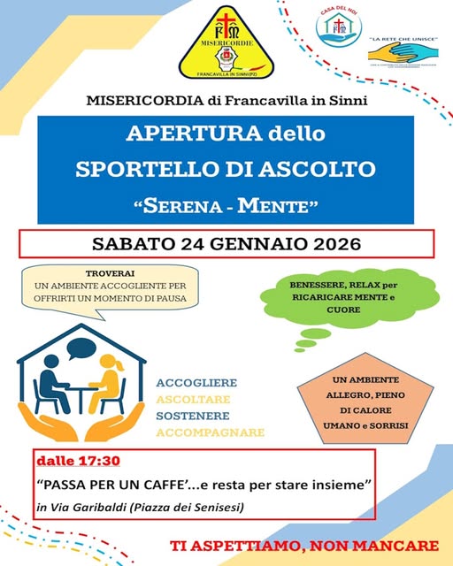Manifesto dell'apertura dello Sportello di ascolto Serena-Mente, sabato 24 gennaio 2026 dalle 17:30 in via Garibaldi